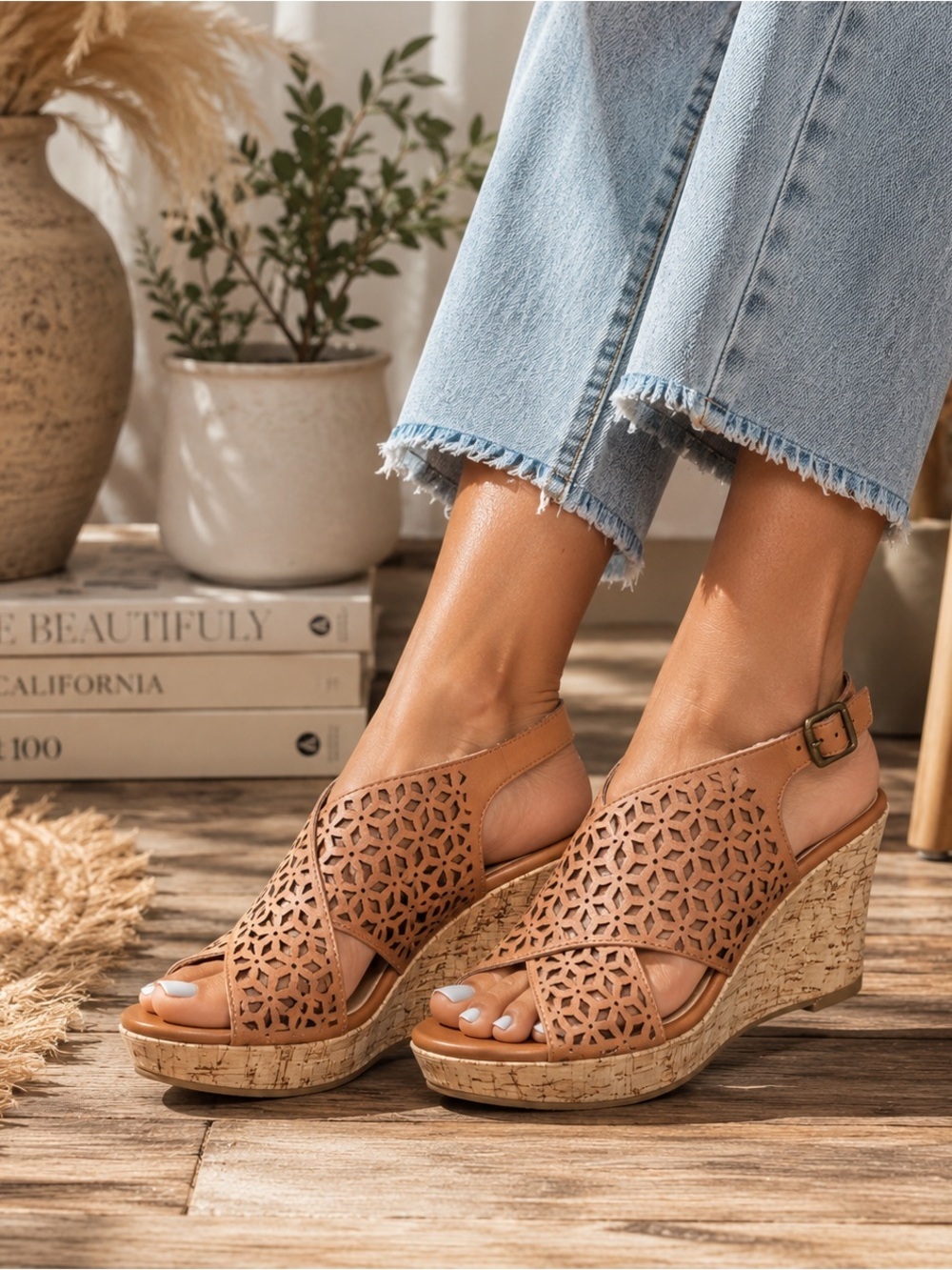 Nicole Party Laser Cut Cork Wedge Sandals Tan Leather Boho Size 7.5 - Picture 2 of 7